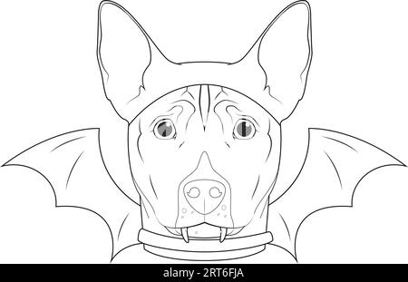 Carte de voeux Halloween pour colorier. Chien Basenji habillé comme une chauve-souris avec des oreilles et des ailes noires Illustration de Vecteur