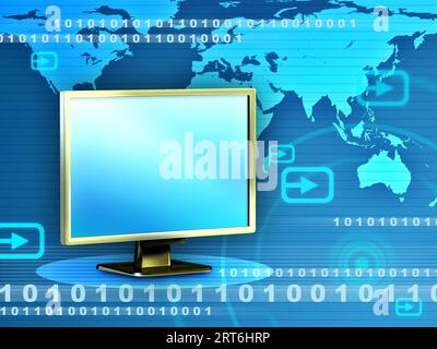 Arrière-plan de haute technologie montrant un moniteur et une carte du monde. Le masque inclus permet d'insérer votre propre texte ou vos propres images à l'écran. Numérique i Banque D'Images