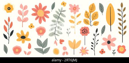 Abstrait dessiné à la main fleurs sauvages abstraites, fleurs et feuilles serties, icônes plates. Illustration vectorielle Illustration de Vecteur
