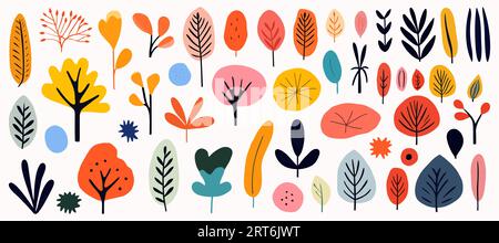 Abstrait dessiné à la main fleurs sauvages abstraites, fleurs et feuilles serties, icônes plates. Illustration vectorielle Illustration de Vecteur