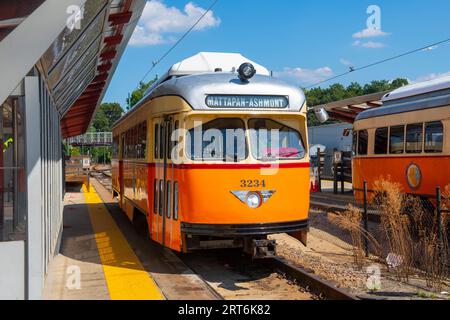 Boston MBTA Red Line extension Ashmont - Mattapan Line PCC Streetcar au terminal de la station Mattapan à Mattapan, Boston, Massachusetts ma, États-Unis. Banque D'Images