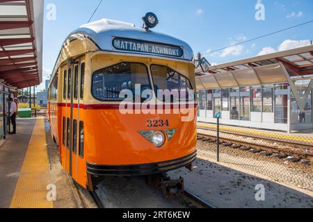 Boston MBTA Red Line extension Ashmont - Mattapan Line PCC Streetcar au terminal de la station Mattapan à Mattapan, Boston, Massachusetts ma, États-Unis. Banque D'Images