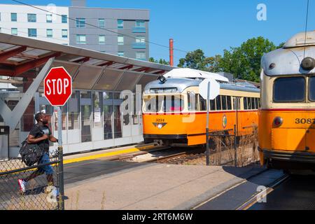 Boston MBTA Red Line extension Ashmont - Mattapan Line PCC Streetcar au terminal de la station Mattapan à Mattapan, Boston, Massachusetts ma, États-Unis. Banque D'Images