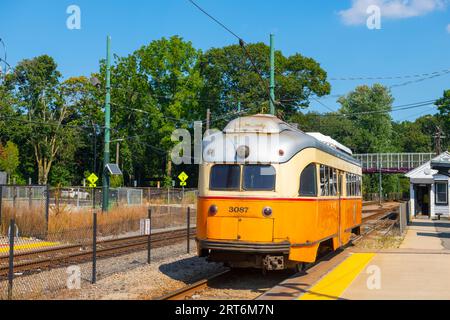 Boston MBTA Red Line extension Ashmont - Mattapan Line PCC Streetcar au terminal de la station Mattapan à Mattapan, Boston, Massachusetts ma, États-Unis. Banque D'Images