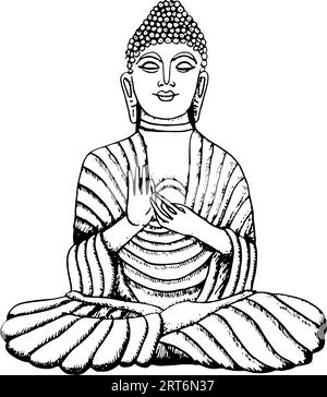 Vector Bouddha statue en pierre dessin à la main illustration d'art au trait. Élément de méditation pour le yoga et le bouddhisme dessins noir et blanc. Illustration de Vecteur
