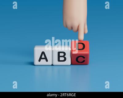 Cube alphabet en bois avec les mots ABCD closeup et les mains des enfants sur fond noir. Mise au point sélective et éducation concept.rendu 3D sur backgr bleu Banque D'Images