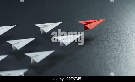 Concept de leadership réussi des avions en papier de leader rouge, suivis d'avions blancs. Développement de planification stratégique.rendu 3D sur backgro noir Banque D'Images