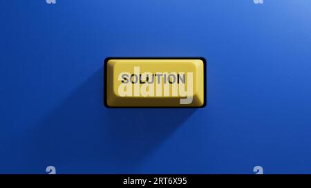 Solution.Illustration 3D du bouton du clavier d'un ordinateur moderne.bouton jaune clair.rendu 3D sur fond bleu. Banque D'Images