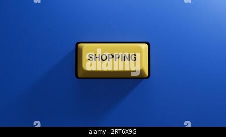 Shopping.3D illustration de bouton de clavier d'un ordinateur moderne.Light bouton jaune.rendu 3D sur fond bleu. Banque D'Images