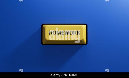 Devoirs.illustration 3D du bouton du clavier d'un ordinateur moderne.bouton jaune clair.rendu 3D sur fond bleu. Banque D'Images