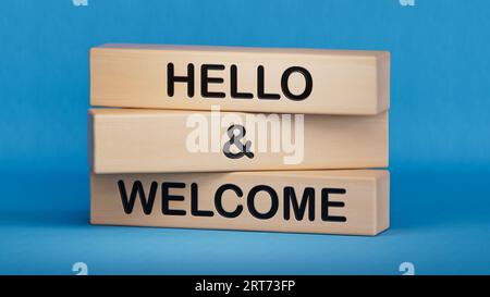 Bonjour et symbole de bienvenue. Mots conceptuels Bonjour et bienvenue sur les blocs en bois.Business bonjour et concept de bienvenue. Copier le rendu space.3D sur le backgro bleu Banque D'Images