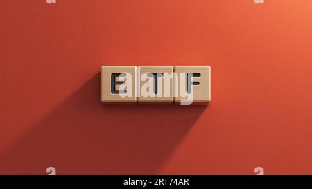 ETF, Exchange Traded Fund, fonds d'indice mutuel en temps réel qui peut commercer dans le marché des actions, cube bloc en bois avec l'alphabet de construction du mot ETF. Fi Banque D'Images