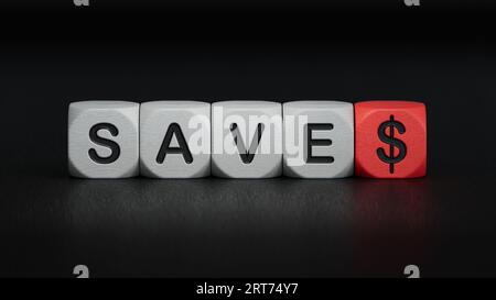 Symbole pour économiser ou dépenser de l'argent. Les dés forment le mot « enregistrer » tandis que le mot « dépenser » est visible dans le rendu Reflection.3D sur fond noir. Banque D'Images