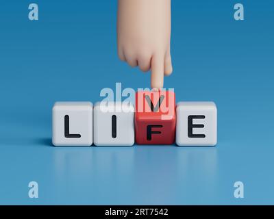 Vivez votre vie. La main tourne un dé et change le mot 'LIVE' en 'LIFE'.rendu 3D sur fond bleu. Banque D'Images