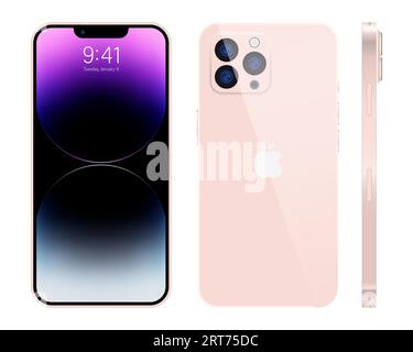 Nouveau iPhone 15 pro, pro max couleur rose foncé par Apple Inc. iphone à écran modèle et iphone arrière. Haute qualité. Éditorial. Illustration de Vecteur