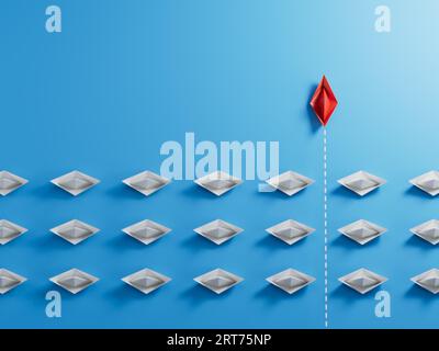 Groupe de bateau en papier blanc dans une direction et un bateau en papier rouge pointant de manière différente. Concept d'entreprise pour de nouvelles idées, la créativité, l'innovation et Banque D'Images