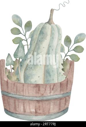 Collection confortable.citrouille et champignons avec des feuilles dans le panier en bois de jardin.automne Thanksgiving illustration de vacances.Harvest.Aquarelle art de la main Illustration de Vecteur