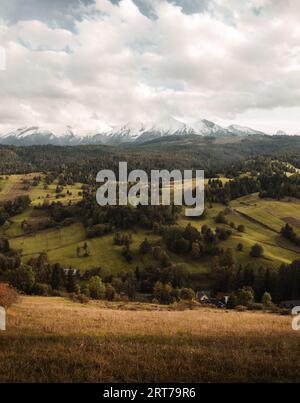 Photo verticale des montagnes Belianske Tatry avec belle prairie (vallée) au premier plan. Incroyable coucher de soleil zamagurie avec la lumière naturelle chaude et confortable Banque D'Images