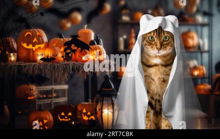 Un chat dans un costume fantôme sur le fond d'une pièce décorée pour Halloween. Carte de vacances ou invitation. Banque D'Images