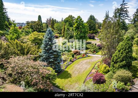 Le Quarry Garden et l'arboretum ont été créés dans d'anciennes carrières de basalte dans le parc Queen Elizabeth, Vancouver, C.-B., Canada. Banque D'Images