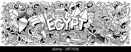 Illustration vectorielle avec le thème Egypte doodles. Design de bannière croquis et accrocheur, capturant l'essence de la culture et des traditions égyptiennes à travers Illustration de Vecteur