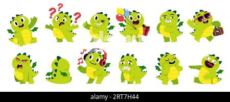 Mignon mascotte de dragon de dessin animé. Personnage dino enfants, bébé fée animal mythologique, diverses émotions et poses, petite créature Kawaii, mythologie chinoise Illustration de Vecteur