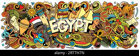 Illustration vectorielle avec le thème Egypte doodles. Design de bannière vibrant et accrocheur, capturant l'essence de la culture et des traditions égyptiennes à travers Illustration de Vecteur