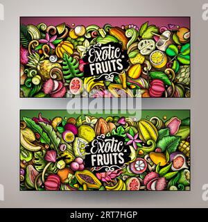 Ensemble de doodle vectoriel de dessin animé de modèles de bannières Tropical fruits. Identité d'entreprise pour l'utilisation sur les applications, la marque, les flyers, la conception Web. Drôle naturel fo Illustration de Vecteur