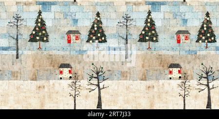 Chalet de noël rustique avec effet de tissu de couture à la main primitive. bordure. Garniture de ruban homespun chic et nostalgique douillet avec americana Banque D'Images