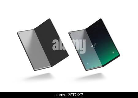 Activé Désactivé maquette à moitié pliée de l'affichage du livre flexible, rendu 3D. Maquette d'appareil smartphone à flexibilité incurvée vide, isolée. Effacer flip c Banque D'Images