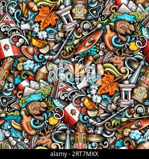 Cartoon doodles Canada seamless pattern. Backdrop with local Canadian culture symbols and items. Colorful background for print on fabric, textile, gre Stock Vector