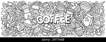 Dessin animé vecteur Coffee doodle illustration présente une variété d'objets et de symboles Coffeehouse. Image drôle fantaisiste esquissée. Illustration de Vecteur