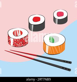 Ensemble de vecteurs de rouleau de sushi. Cuisine japonaise, cuisine traditionnelle. Illustration de Vecteur