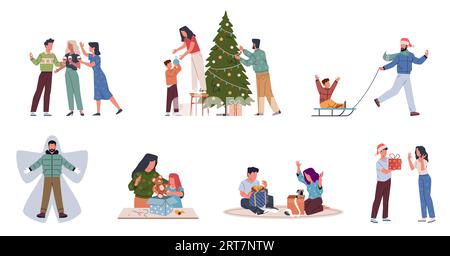 Scènes de célébration du nouvel an. Familles heureuses, couples se préparant pour les vacances, les gens décorent l'arbre de noël, donnent des cadeaux, célèbrent les vacances d'hiver Illustration de Vecteur