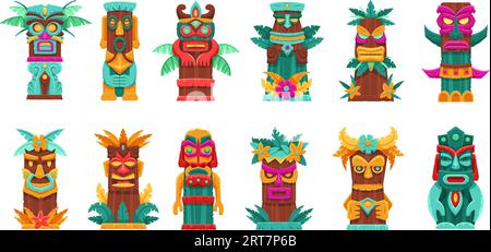 Dessin animé tiki totem. Statue de masque en bois tropical, totems tribaux de bambou d'île et sculptures de dieux hawaïens ensemble d'illustrations vectorielles isolées Illustration de Vecteur