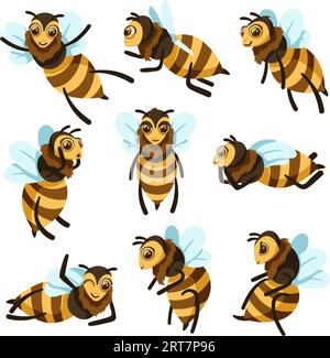 Des abeilles de dessin animé. Personnage mignon d'abeille dans différentes poses, ensemble d'illustration vectorielle de mascotte d'abeille de miel volante Illustration de Vecteur