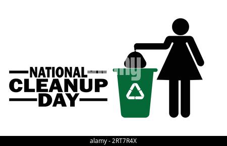 Journée nationale de nettoyage. Illustration vectorielle d'une femme jetant des ordures dans une poubelle. Convient pour carte de voeux, affiche et bannière Illustration de Vecteur