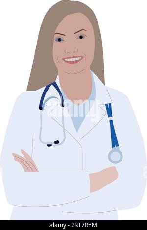 Journée des médecins, illustration vectorielle simple, femme en manteau de médecin. Journée du 14 mars de la médecine et journée internationale des médecins du 3 octobre. Illustration de Vecteur