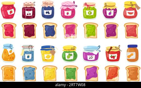 Toast tartiné avec confitures. Pots de confiture et gelées en verre pour pâtes à tartiner, conserves sucrées savoureuses et tranches de vecteur de pain grillé Illustration de Vecteur
