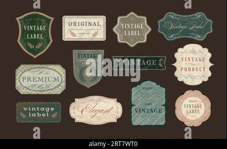 Étiquettes de commerce vintage. Vieux ruban modèle de conception de bannière avec texture de papier vieilli et ensemble de vecteur de cadre d'emblème orné Illustration de Vecteur