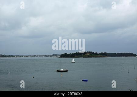 Vue de l'Ile de Gavrinis depuis la Pointe du Monteno, Arzon, Morbihan, Bretagne, France Banque D'Images