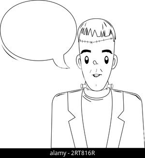 Monstre d'Halloween et bulle de discours. Page de coloriage en noir et blanc vectoriel. Illustration de Vecteur