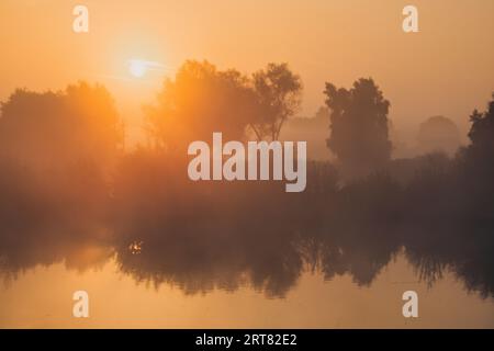 Lever du soleil sur un lac avec des arbres enveloppés dans la brume tôt le matin Banque D'Images