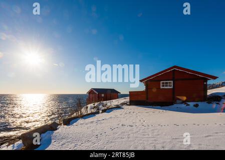 Lumière du soleil sur la traditionnelle Rorbu rénovée cabane de pêche avec Portoirs vides pour sécher la morue sur les îles Lofoten dans Norvège en hiver sur la côte Banque D'Images