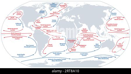 Carte mondiale des principaux courants océaniques. Mouvement continu et dirigé de l'eau de mer généré par les forces agissant sur l'eau, comme le vent, la température, etc Banque D'Images