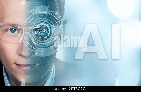 Portrait d'un homme avec des lunettes. Moitié visage dans le cyberespace. Concept d'intelligence artificielle. Banque D'Images