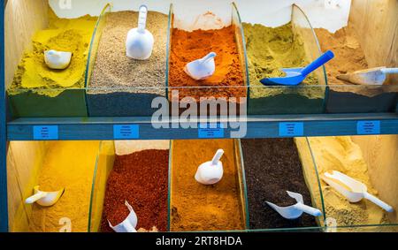 Le pouvoir des épices conservé dans un magasin en turquie, comme le pouvoir de la coriandre, la poudre de piment, le curry, le cumin, la cannelle etc Banque D'Images