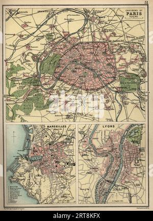 Carte antique de Paris, Marseille et Lyon, France, années 1890, 19e siècle Banque D'Images