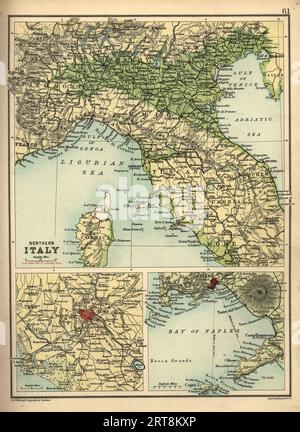 Carte antique du nord de l'Italie, Rome et la baie de Naples, 19e siècle, années 1890 Banque D'Images