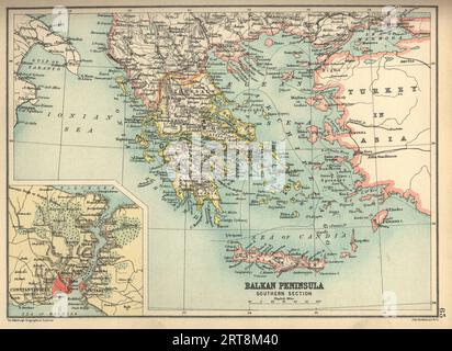 Carte antique de la péninsule balkanique, section sud, avec détail sur la région autour de Constantinople, Grèce, Turquie, Crète, 19e siècle, années 1890 Banque D'Images